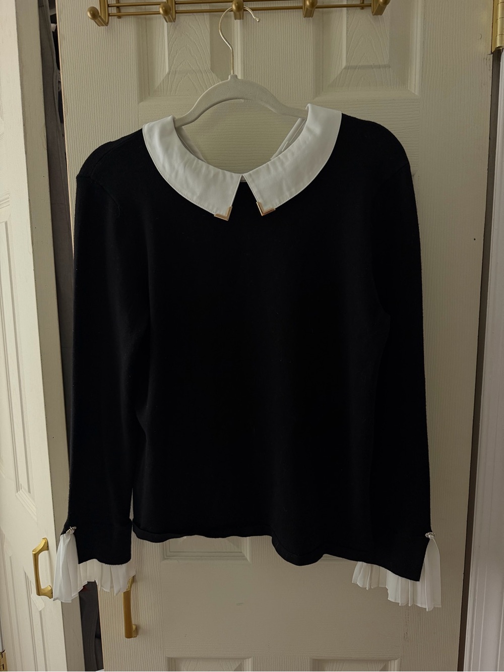 Black Long-Sleeve Blouse with White Peter Pan Collar